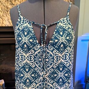 Teal and white damask tie neck tunic tank - XL